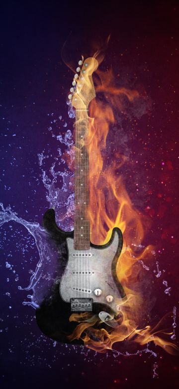 Electric Guitar, Instrument, Dark background, Fire, Water, Purple, Violet, 5K