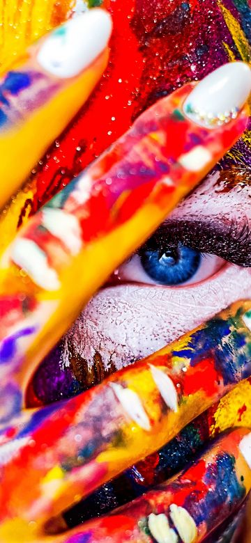 Coloured Face, Girl, Multicolor, Colorful, Blue eyes, Paint, Creative, 5K