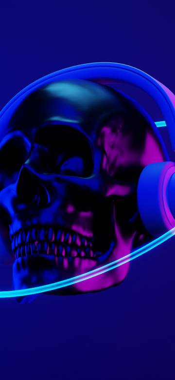 Dubstep, Skull, Headphones, Neon art, Synthwave, 5K, Dark blue