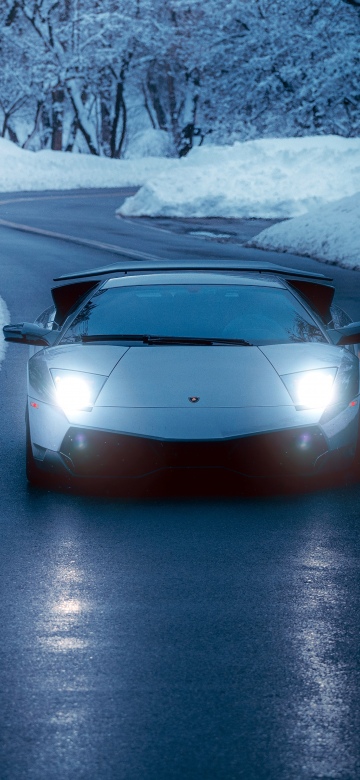 Lamborghini Murcielago, Winter Road, Snowy road, Sports cars, Headlights, Blue aesthetic, 5K