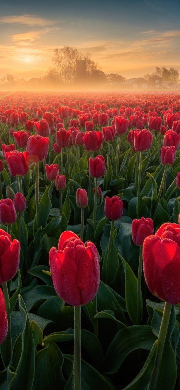 Tulip Field, Sunrise, Red Tulips, Tulip flowers, Spring flowers, Netherlands, Landscape