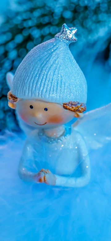 Blue Angel, Christmas decoration, Wings, Cap, Cute figure, Blue background