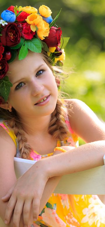 Smiling girl, Flower Wreath, Portrait, Green background, Cute Girl, Chair, Kid, Sunny day, 5K, Pretty