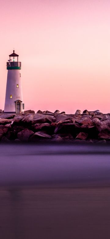 Lighthouse, Pink Hour, White, Beacon, Purple sky, Rocks, Seashore, Sunset, 5K