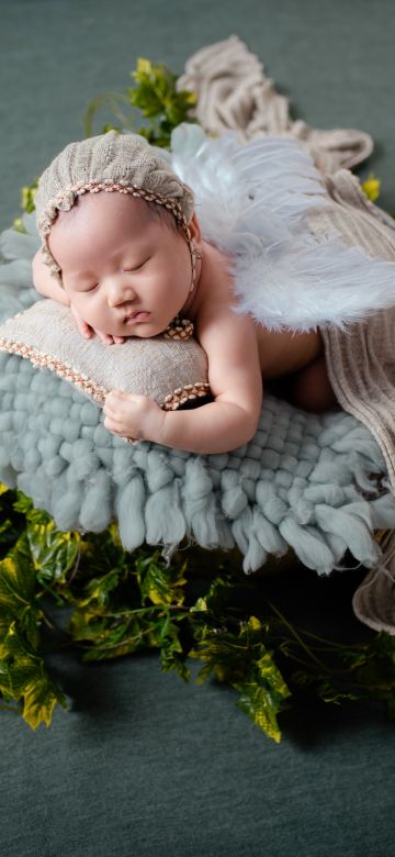 Newborn Baby, Baby girl, Angel, Green leaves, Sleeping baby, Portrait, Cute Baby, Photoshoot, 5K, Sage green