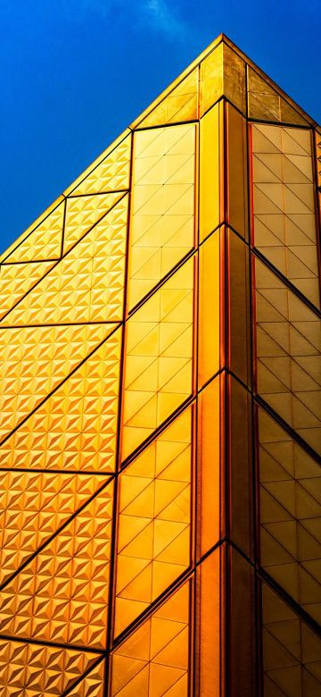 Pyramid Structure, Golden, Blue Sky, Modern architecture, 5K, 8K