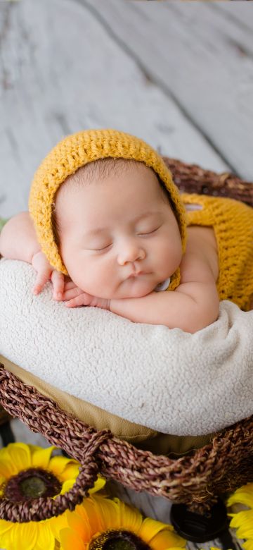 Newborn, Crochet baby costume, Yellow Dress, Sleeping baby, Basket, Sunflowers, Wooden Floor, Cute Baby, Green leaves, 5K