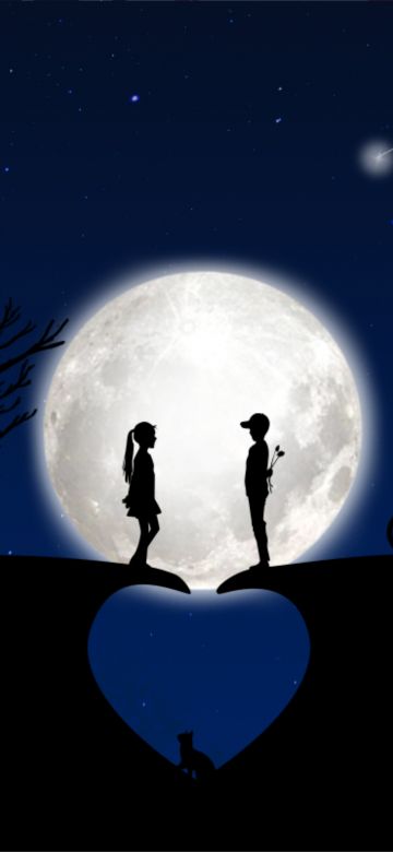 Full moon, Couple, Heart, Blue background, Bicycle, Tree, Cat, Stars, Silhouette