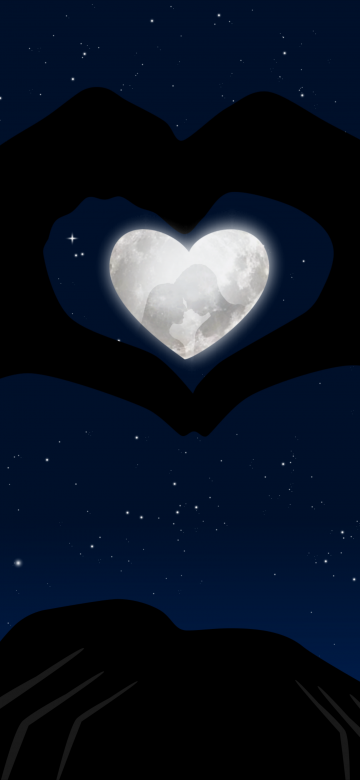 Heart, Stars, Blue background, Hands together, Couple, White heart, Moon, Silhouette