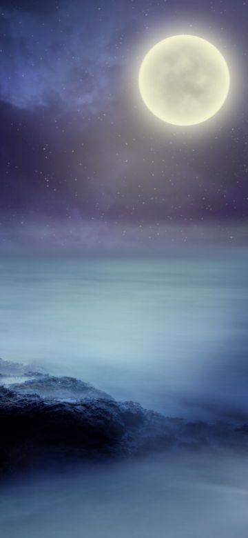 Full moon, Starry sky, Sea, Rocks, Night, Dark background, 5K