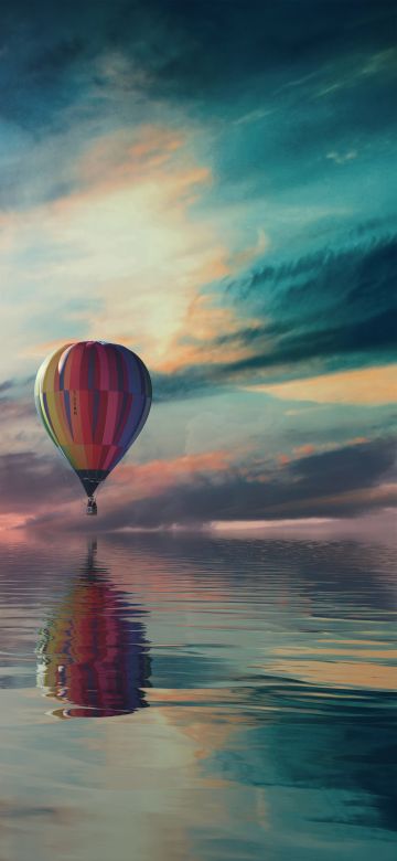 Hot air balloon, Multicolor, Colorful Sky, Water, Reflection, Clouds, Sky view, Aesthetic, 5K, 8K