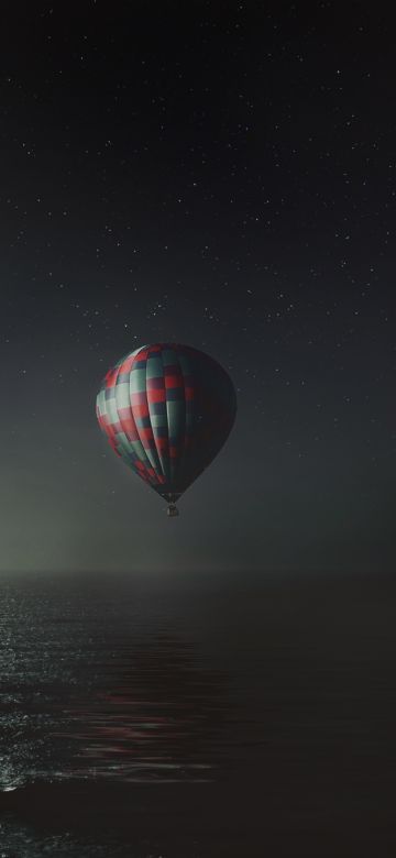 Hot air balloon, Night, Full moon, Dark background, Sea, Stars, 5K, 8K