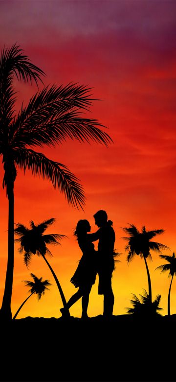 Couple, Palm trees, Orange sky, Sunset, Silhouette, Romance, Aesthetic, 5K