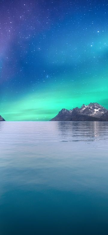 Northern Lights, Sea, Blue Sky, Stars, Reflection, Mountains, Glacier, Aurora Borealis, 5K, 8K