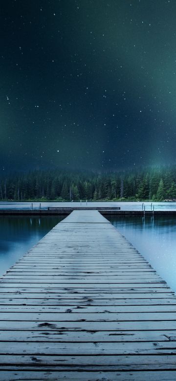 Wooden pier, Jetty, Lake, Aurora Borealis, Clear sky, Trees, Stars, Blue, 5K, 8K