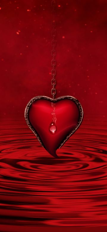 Red heart, Water, Red background, Stars, Waves, Chain, 5K