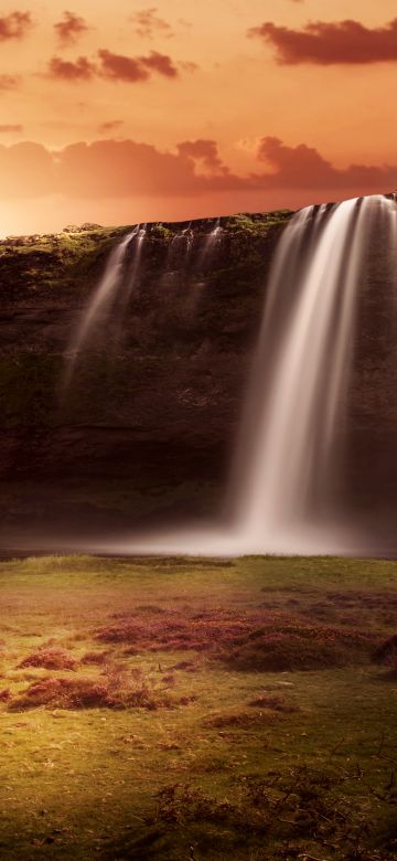 Waterfalls, Sunrise, Orange sky, Clouds, Grass Landscape, Rock, 5K