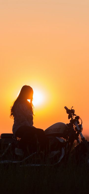 Sunset, Woman, Motorcycle, Silhouette, Golden hour, Orange, 5K