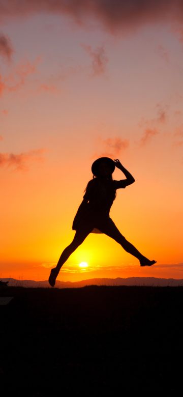 Sunrise, Silhouette, Woman, Jumping, Girl, Clouds, Happy Mood, 5K