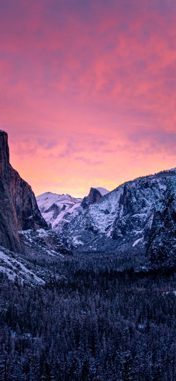 Yosemite National Park, Snow covered, Mountains, California, Purple sky, Valley, 5K, 8K