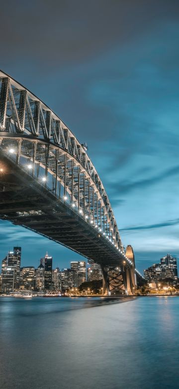 Sydney Harbour Bridge, Milsons Point, Australia, Cityscape, River, Night lights, Blue Sky, 5K