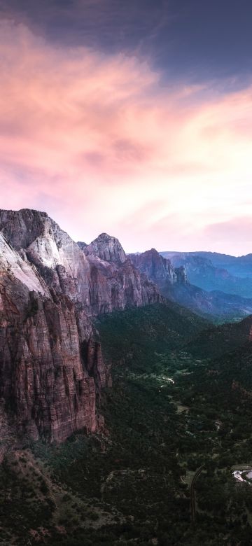 Rock Mountains, River Stream, Valley, Zion National Park, Sunset, Mountain range, 5K, 8K