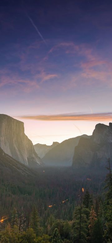 Yosemite Valley, Mountain range, Pine trees, Dawn, Clear sky, 5K