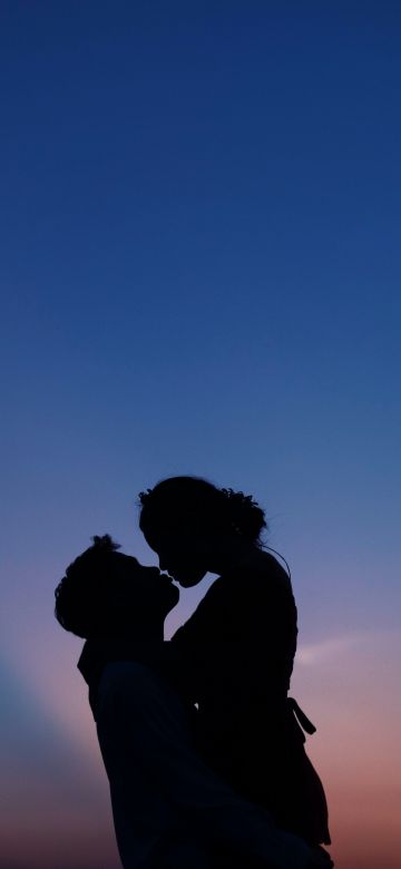 Couple, First kiss, Silhouette, Romantic kiss, Sunset, 5K