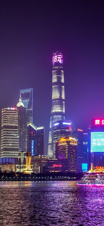 Shanghai City, Body of Water, Reflection, Skyscrapers, Night life, Cityscape, Lights, Modern architecture, 5K