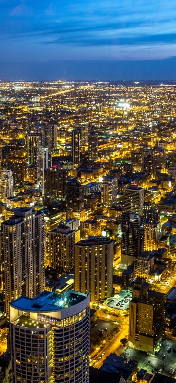 Chicago, Illinois, City Skyline, Night, Cityscape, Blue Sky, Night lights, Buildings, Skyscrapers, 5K