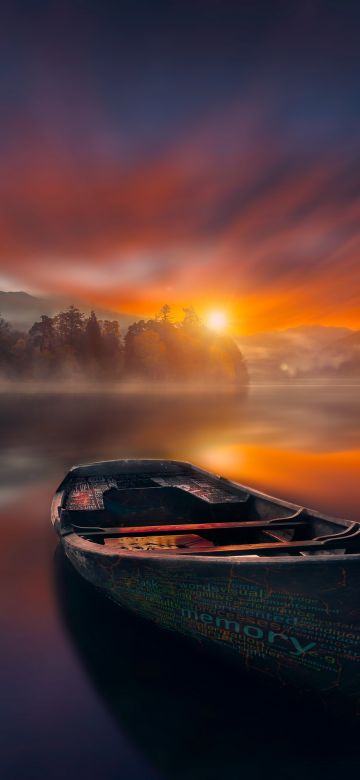 Sunset, Boat, Lake, Reflections, Dawn, Mountains, Fog, Trees, 5K