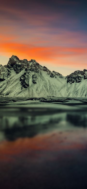 Vestrahorn, Snow mountains, Sunset, Landscape, Reflection, Lake, Glacier, Scenic, 5K, Stokksnes