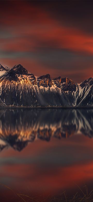 Vestrahorn mountain, Sunset Orange, Lake, Reflection, Scenery, Snow covered, Beautiful, 5K, 8K, Stokksnes