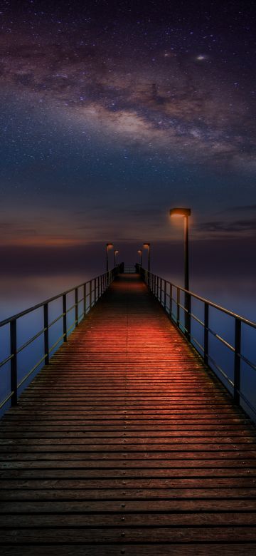 Wooden pier, Night sky, Stars, Galaxy, Milky Way, Seascape, Dark, 5K, 8K