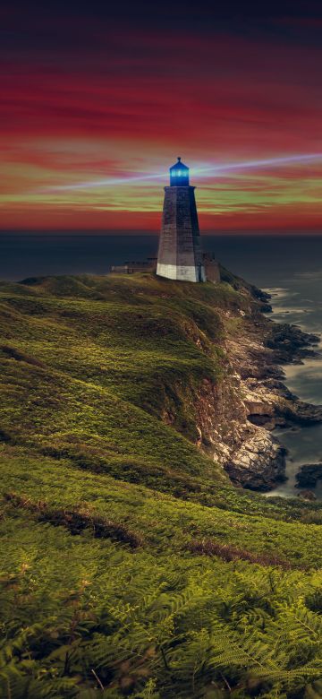 Lighthouse, Coastline, Ocean, Purple sky, Evening, Seascape, Seashore, 5K