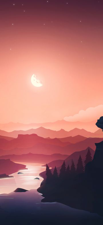 Sunset, Moon, River, Mountains, Gradient background, Peach background, Aesthetic, Pastel background