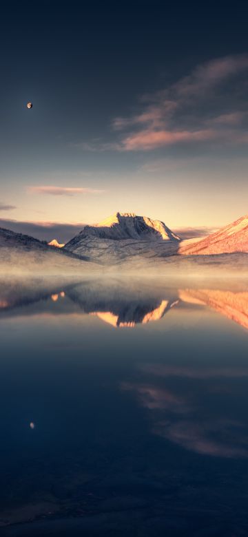 Mountains, Lake, Evening, Reflection, Scenery, Tranquility, Moon, Landscape, Aesthetic, 5K, 8K