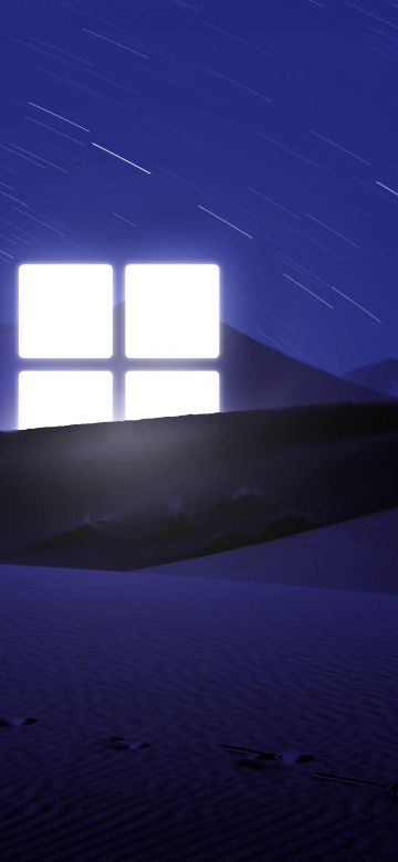 Desert, Windows logo, Night, Blue, Glowing, Star Trails, Illuminated, 5K