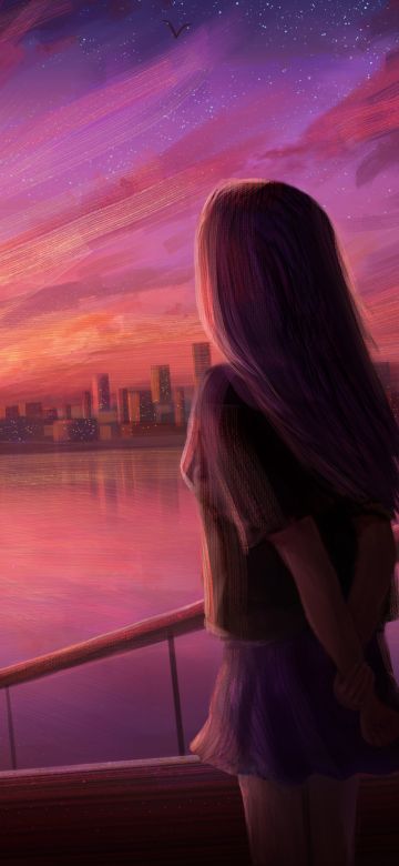 Girl, Illustration, Dream, Pink, Sunrise, Artwork, Cityscape, Bridge, Drawing, Girly backgrounds, 5K