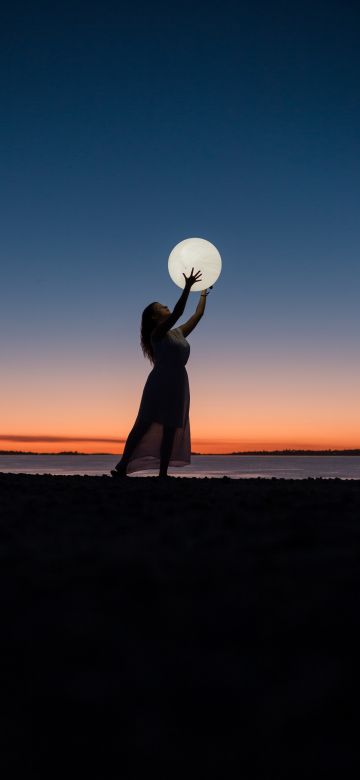 Girl, Woman, Moon, Beach, Sunset