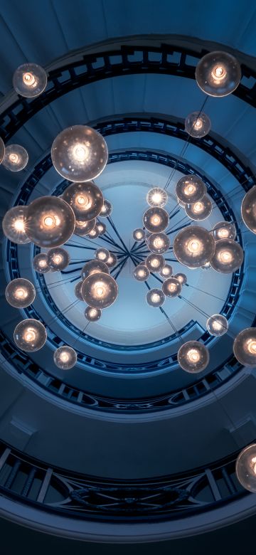 Spiral staircase, 5K, Chandelier, Steps, Look up, Pattern, Lights, Interior, Blue aesthetic