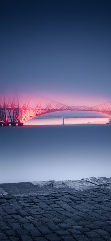 Forth Bridge, United Kingdom, UNESCO World Heritage Site, Queensferry, Sunset, River, Night, Railway Bridge, Cantilever bridge, Purple light, Fog, 5K