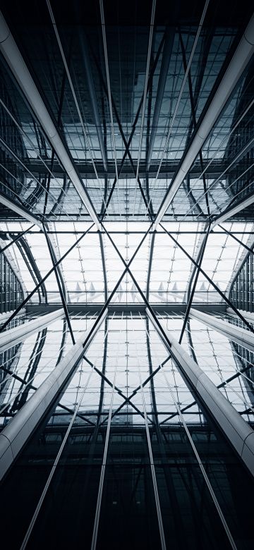 Modern architecture, Skylight, Looking up at Sky, Glass building, Atrium, Symmetrical, 5K, 8K