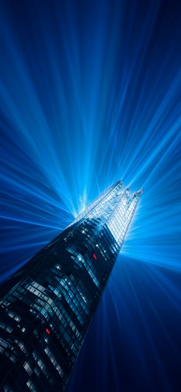 Skyscraper, Illuminated, Light beam, Look up, Modern architecture, Building, Night, Light show, Blue, 5K, 8K