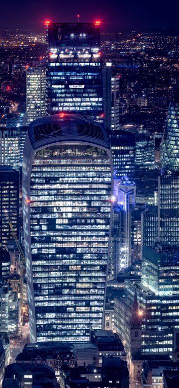 London City, Night illumination, Cityscape, Night lights, Skyscrapers, Tower 42, Gherkin, Heron Tower, Night life, Aerial, 5K, England