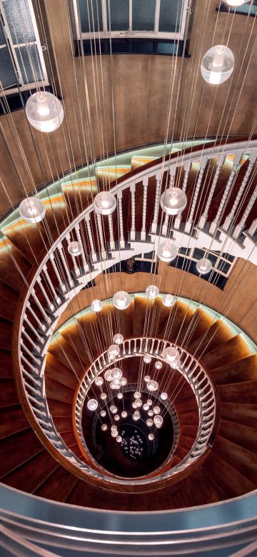 Wooden, Spiral staircase, Steps, Lights, Look Down, Descent, Interior, Curves, Pattern, Aesthetic, 5K, 8K, Chandelier