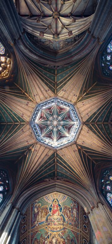 Ely Cathedral, Ancient architecture, Cathedral, Dome, Stained glass, United Kingdom, Indoor, Ceiling, Lights, Patterns, 5K, 8K