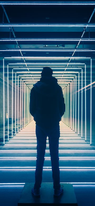 Vanishing point, Blue Lights, Person, Geometric, Shape, Patterns, Symmetrical, Indoor, 5K, 8K