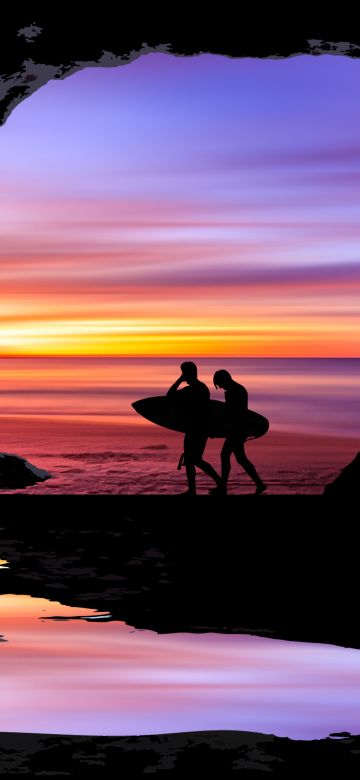 Beach, Silhouette, Cave, Surfboard, Sea, Ocean, Purple sky, Black, Sunset, Men