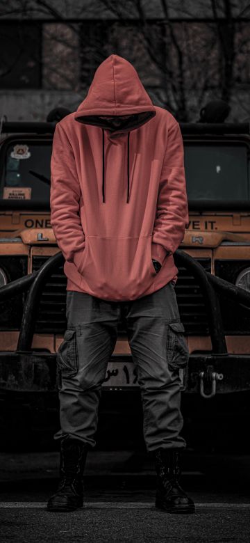 Red Hoodie, Jeep, Standing, Men, Style, Sweatshirt, 5K